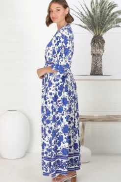 Zelle Maxi Dress - V Neck Batwing Sleeve Dress with Side Splits in Kailin Print Blue><noscript><img width=