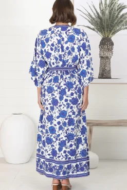 Zelle Maxi Dress - V Neck Batwing Sleeve Dress with Side Splits in Kailin Print Blue><noscript><img width=