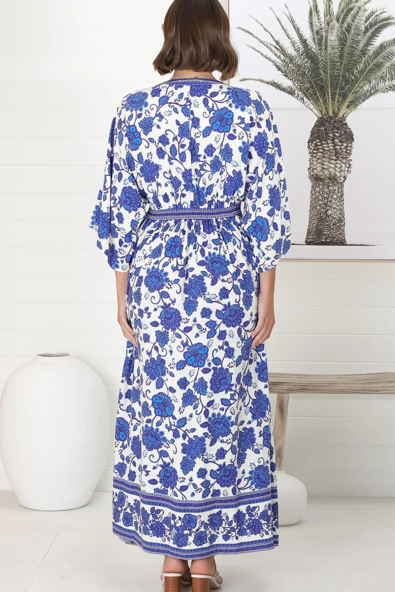 Zelle Maxi Dress - V Neck Batwing Sleeve Dress with Side Splits in Kailin Print Blue>Salty Crush Clearance