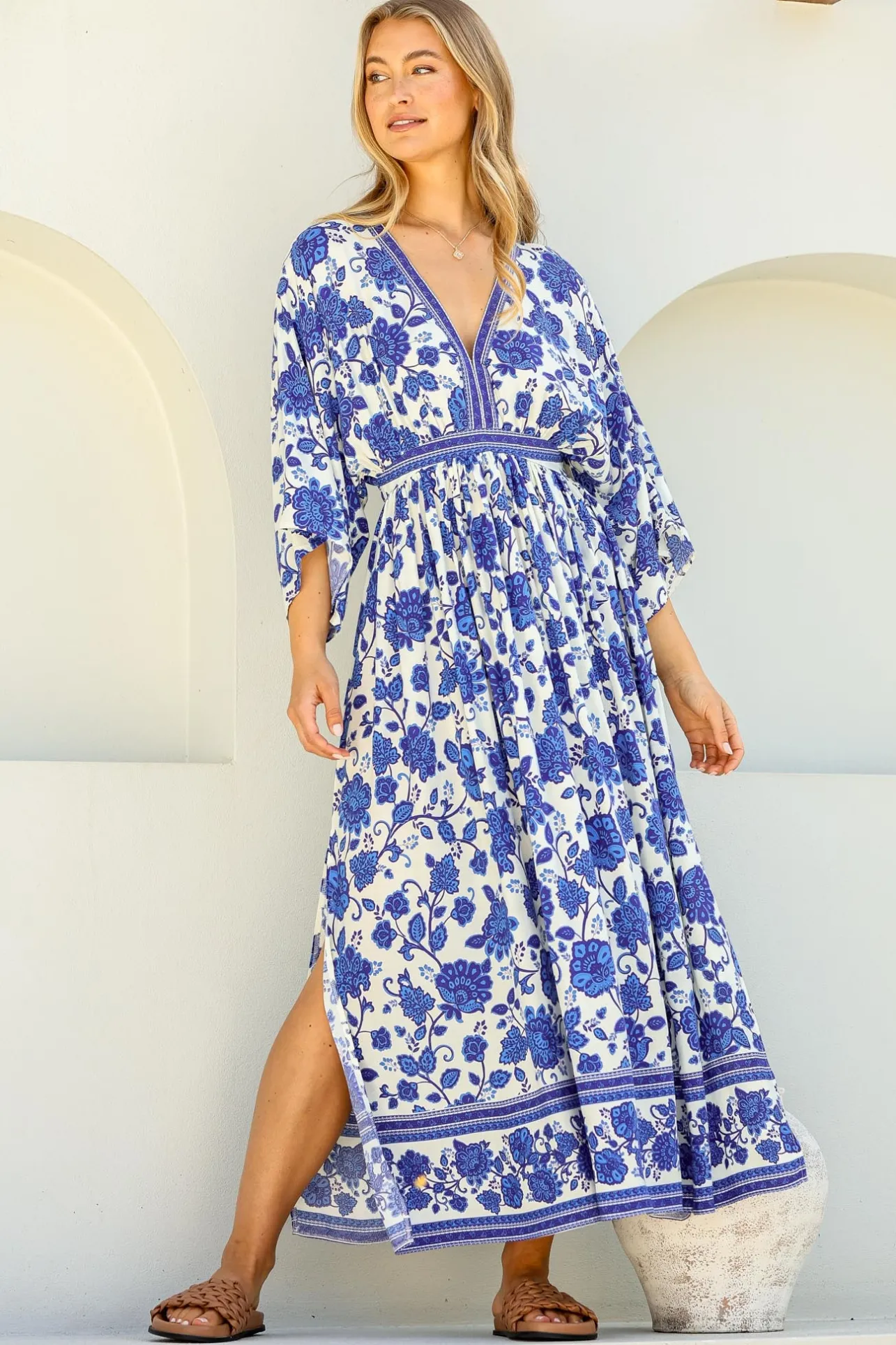 Zelle Maxi Dress - V Neck Batwing Sleeve Dress with Side Splits in Kailin Print Blue>Salty Crush Clearance