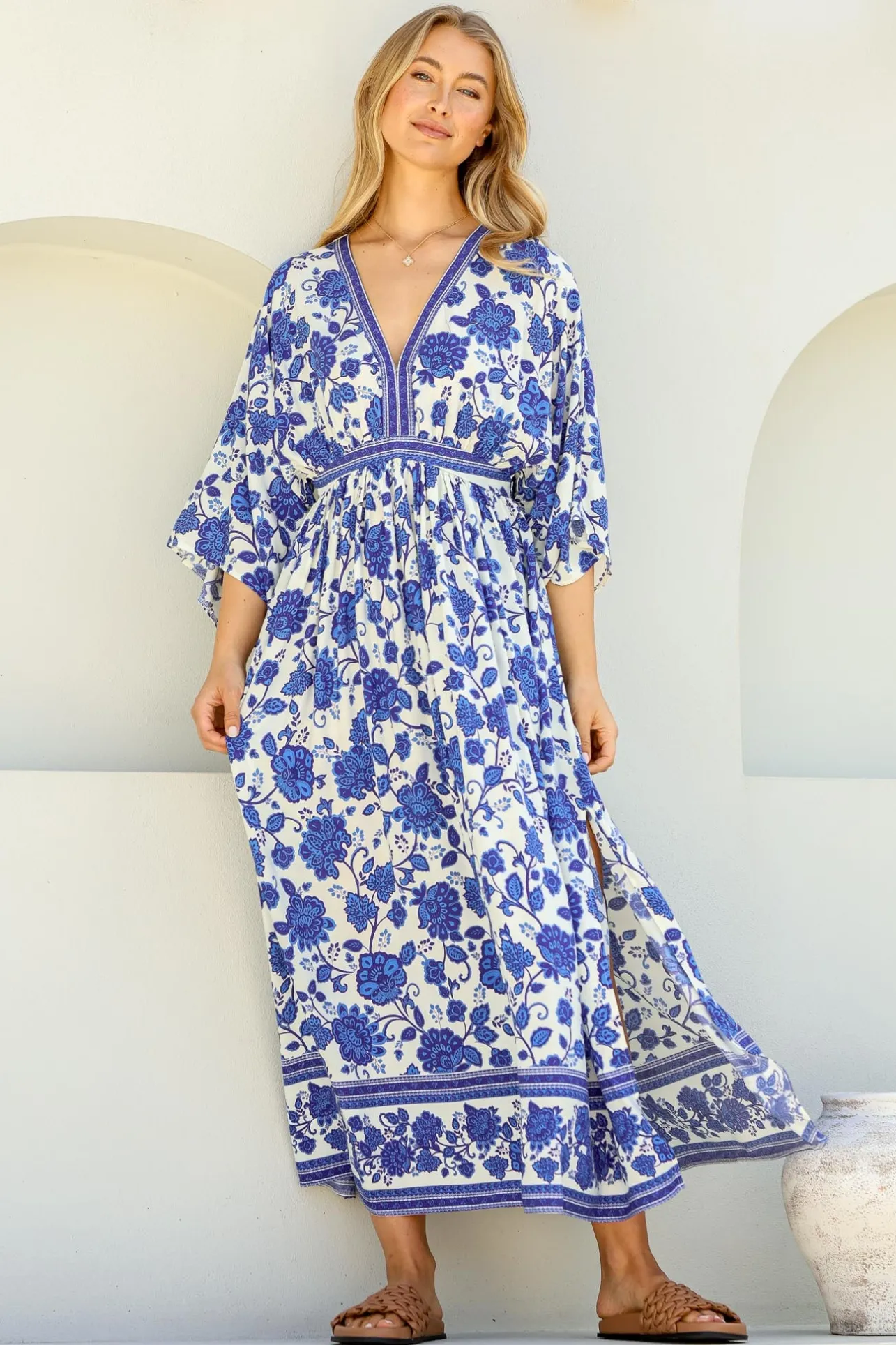 Zelle Maxi Dress - V Neck Batwing Sleeve Dress with Side Splits in Kailin Print Blue>Salty Crush Clearance