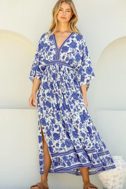 Zelle Maxi Dress - V Neck Batwing Sleeve Dress with Side Splits in Kailin Print Blue><noscript><img width=