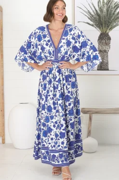 Zelle Maxi Dress - V Neck Batwing Sleeve Dress with Side Splits in Kailin Print Blue><noscript><img width=