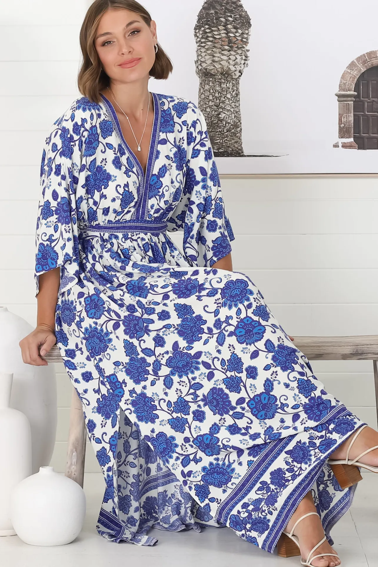 Zelle Maxi Dress - V Neck Batwing Sleeve Dress with Side Splits in Kailin Print Blue>Salty Crush Clearance