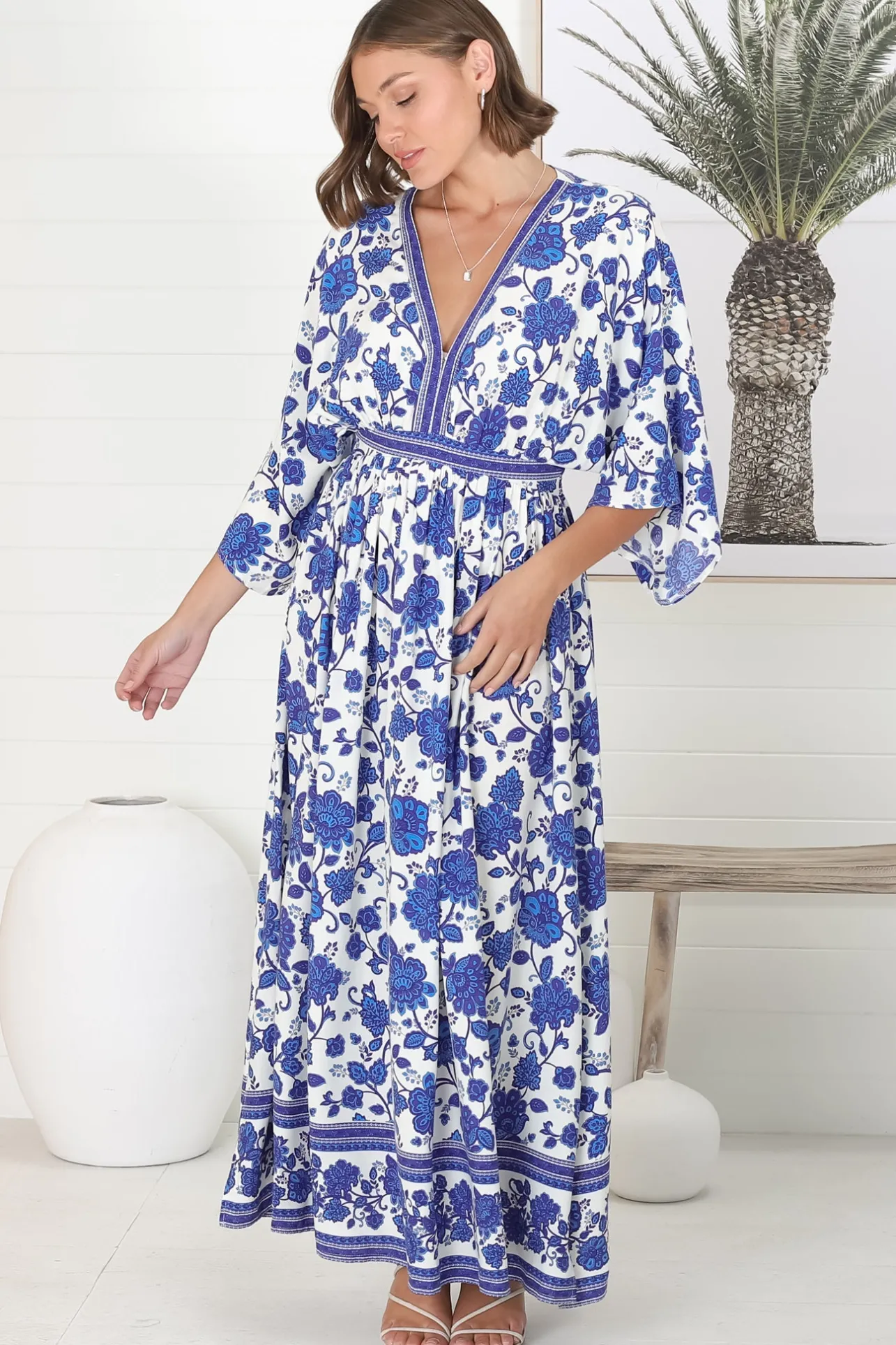 Zelle Maxi Dress - V Neck Batwing Sleeve Dress with Side Splits in Kailin Print Blue>Salty Crush Clearance