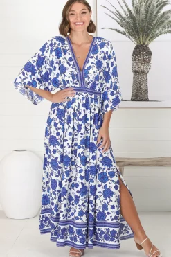 Zelle Maxi Dress - V Neck Batwing Sleeve Dress with Side Splits in Kailin Print Blue><noscript><img width=