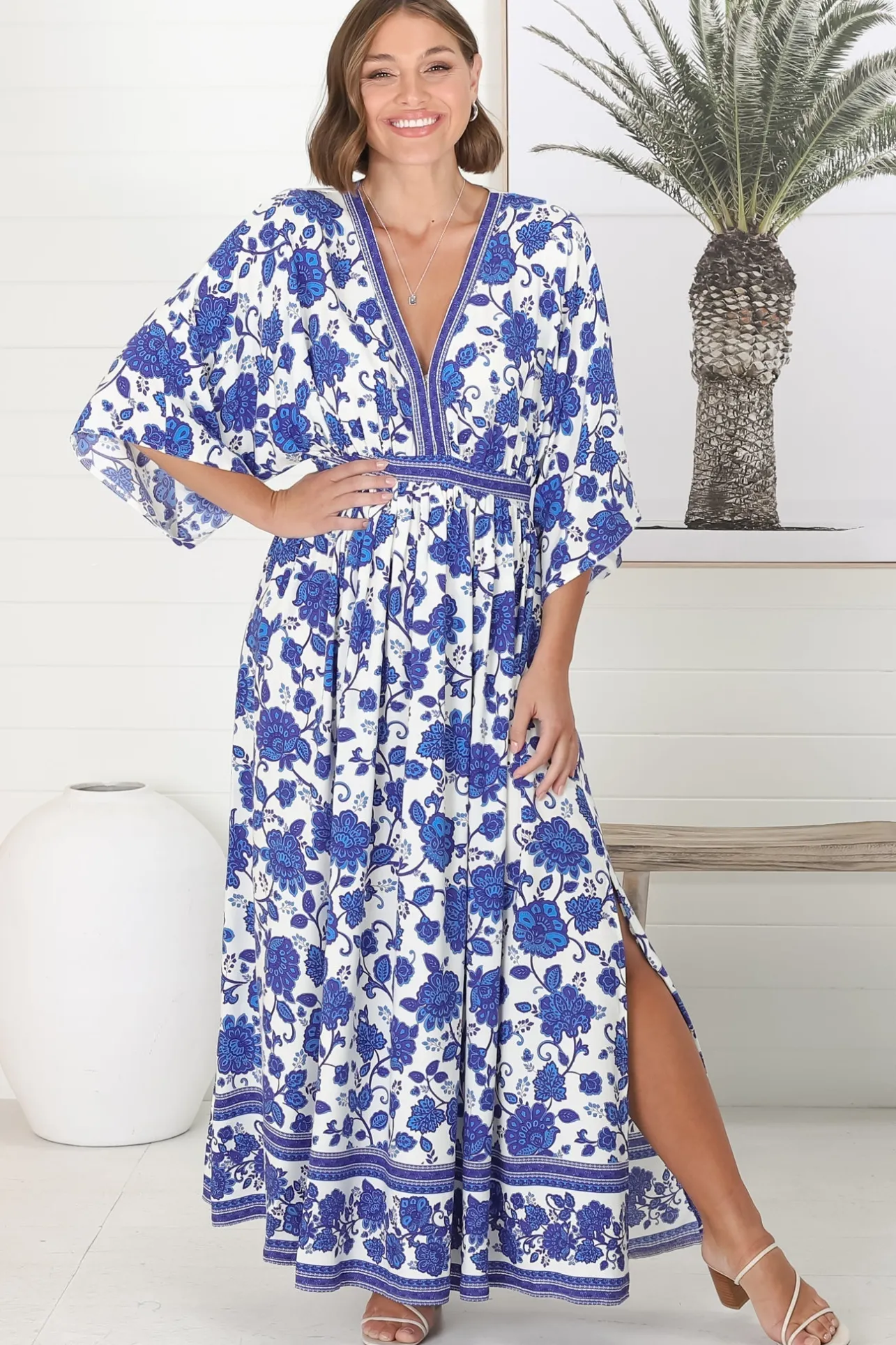 Zelle Maxi Dress - V Neck Batwing Sleeve Dress with Side Splits in Kailin Print Blue>Salty Crush Clearance