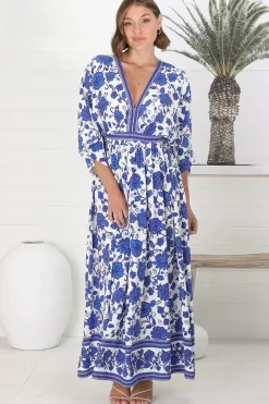 Zelle Maxi Dress - V Neck Batwing Sleeve Dress with Side Splits in Kailin Print Blue><noscript><img width=