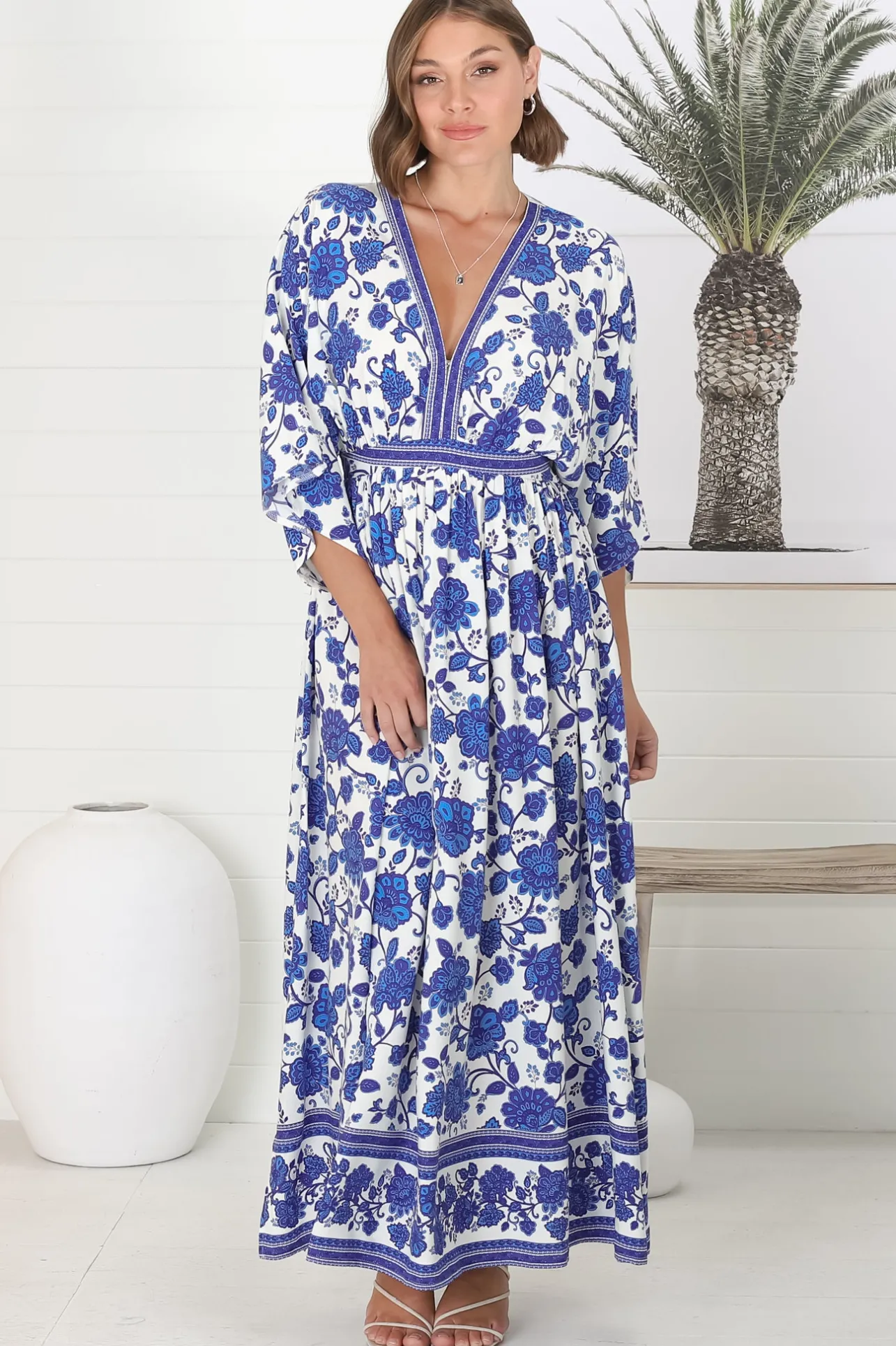 Zelle Maxi Dress - V Neck Batwing Sleeve Dress with Side Splits in Kailin Print Blue>Salty Crush Clearance