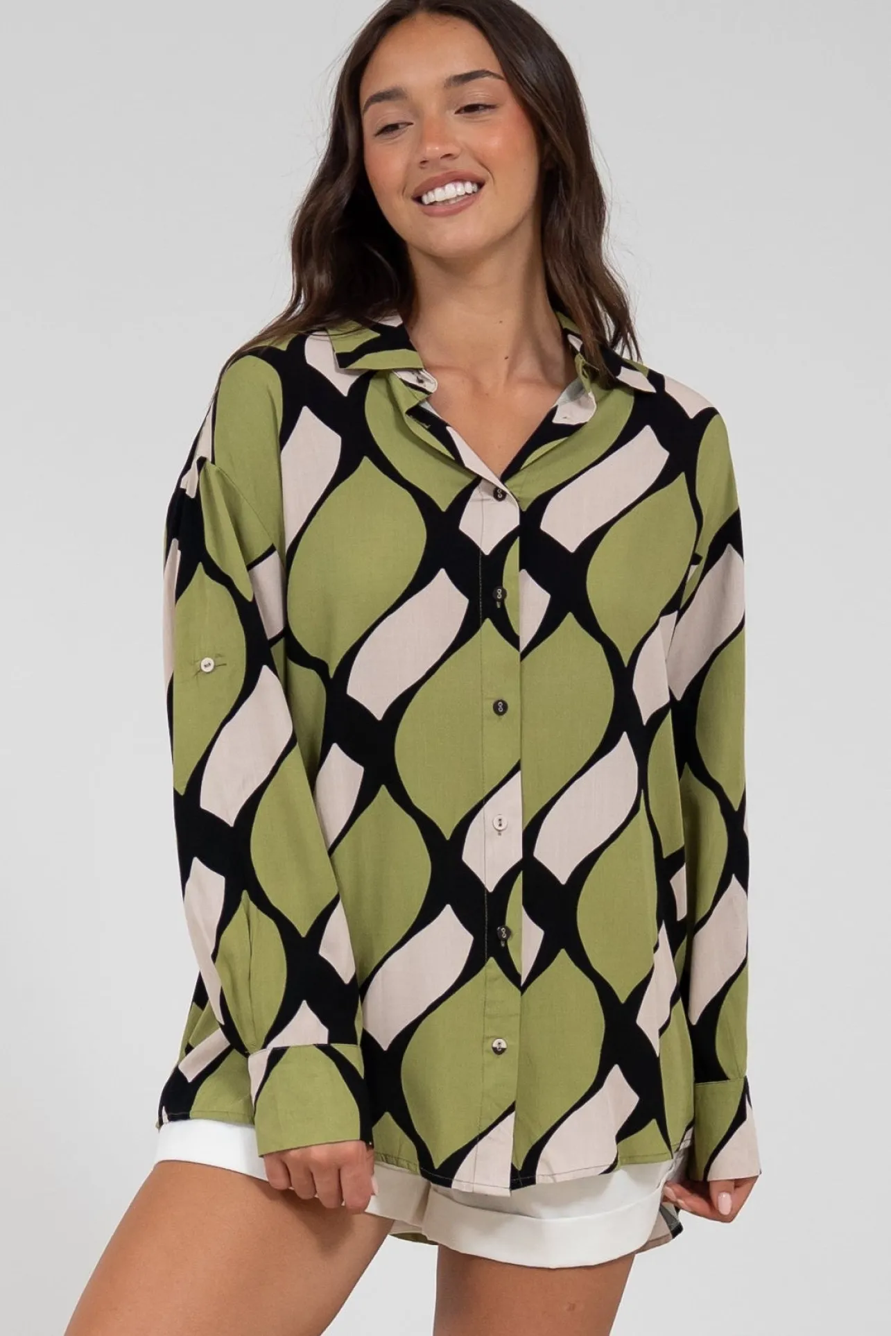 Zev Shirt - Oversized Button Down Shirt in Kennedy Print>Salty Crush New