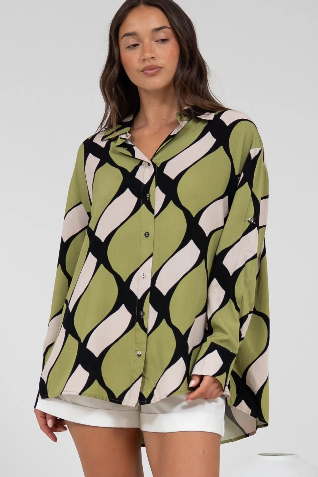 Zev Shirt - Oversized Button Down Shirt in Kennedy Print>Salty Crush New