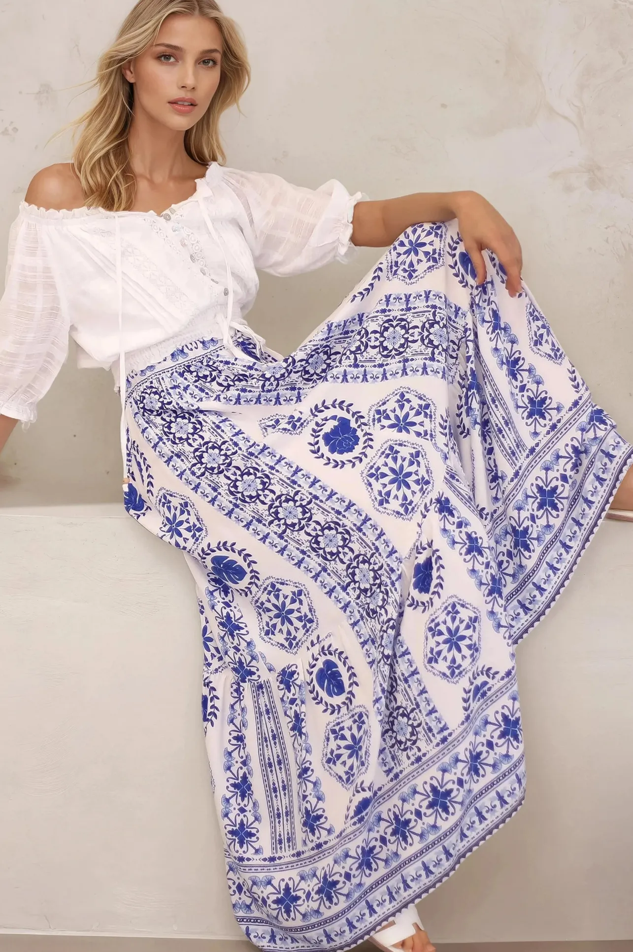 Zia Maxi Skirt - High Waisted Skirt with Front Splits in Kahula Print>Salty Crush