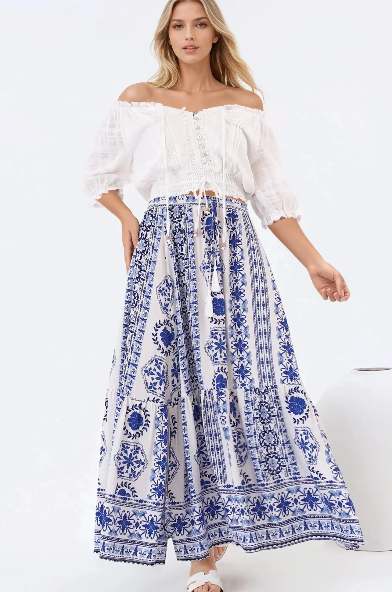 Zia Maxi Skirt - High Waisted Skirt with Front Splits in Kahula Print>Salty Crush