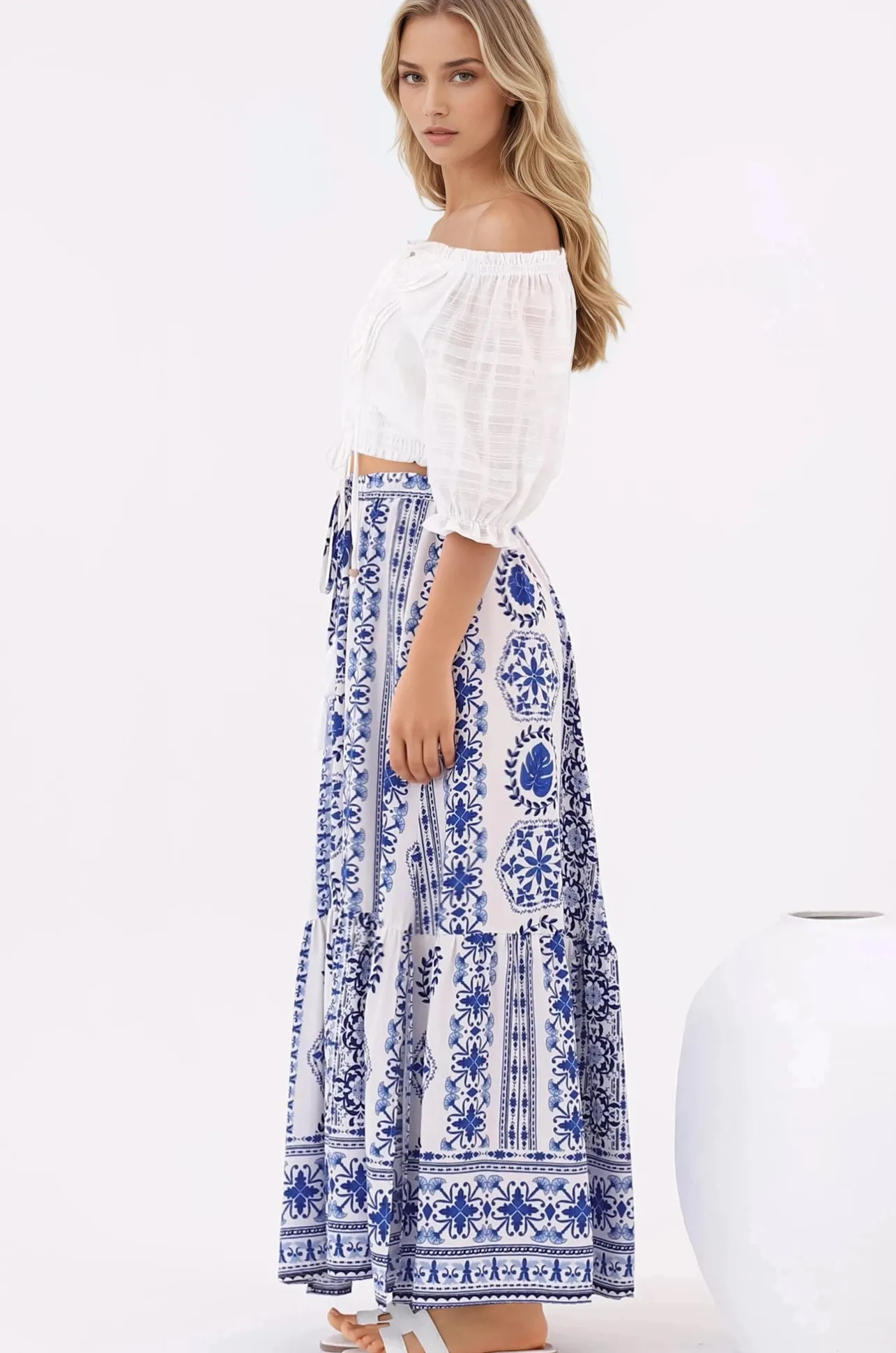 Zia Maxi Skirt - High Waisted Skirt with Front Splits in Kahula Print>Salty Crush