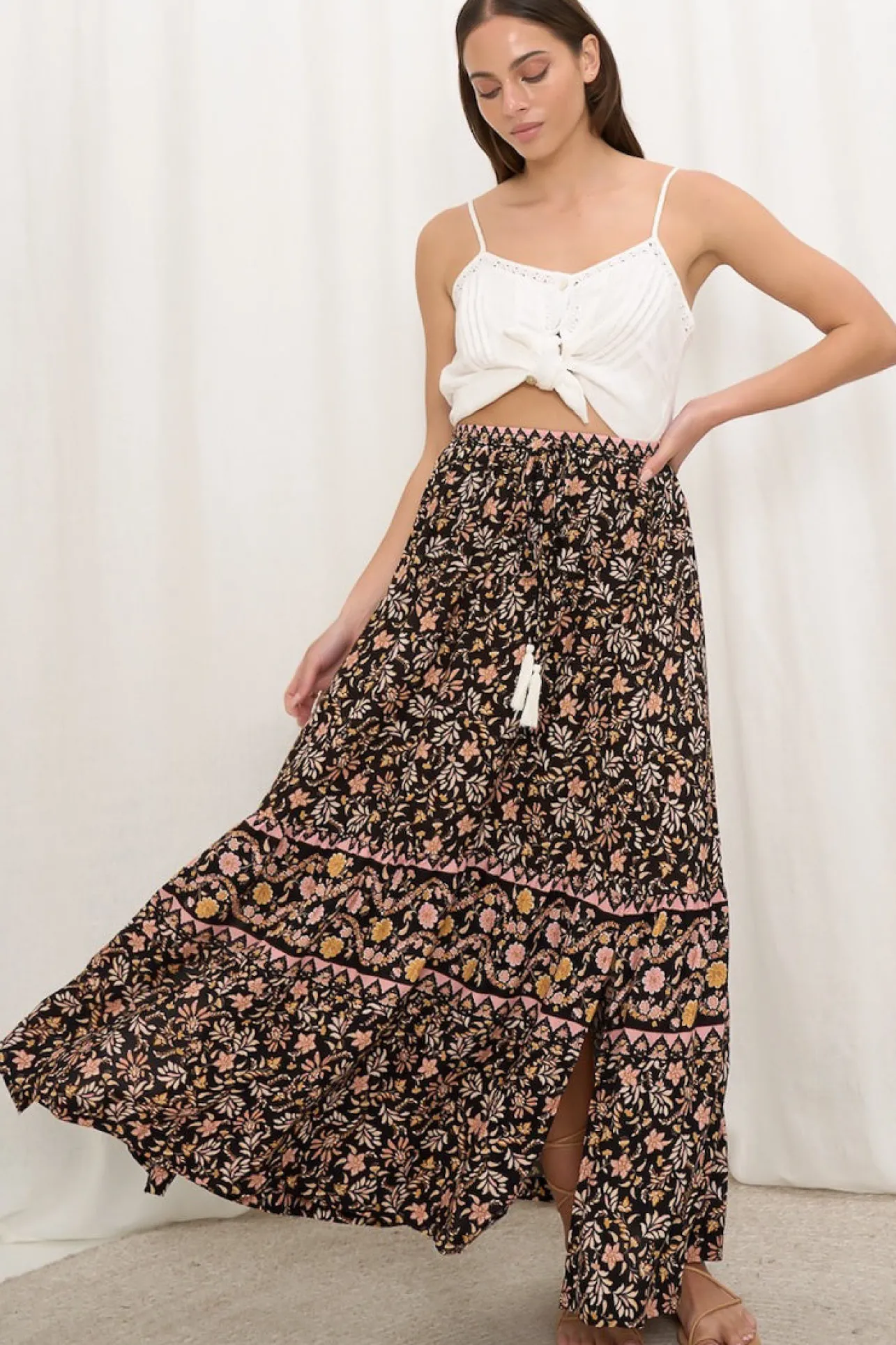 Zia Maxi Skirt - High Waisted Skirt with Front Splits in Amirah Print>Salty Crush Outlet