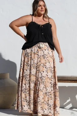Zia Maxi Skirt - High Waisted Skirt with Tassel Waist Tie and Front Splits in Lyanna Print>Salty Crush Online