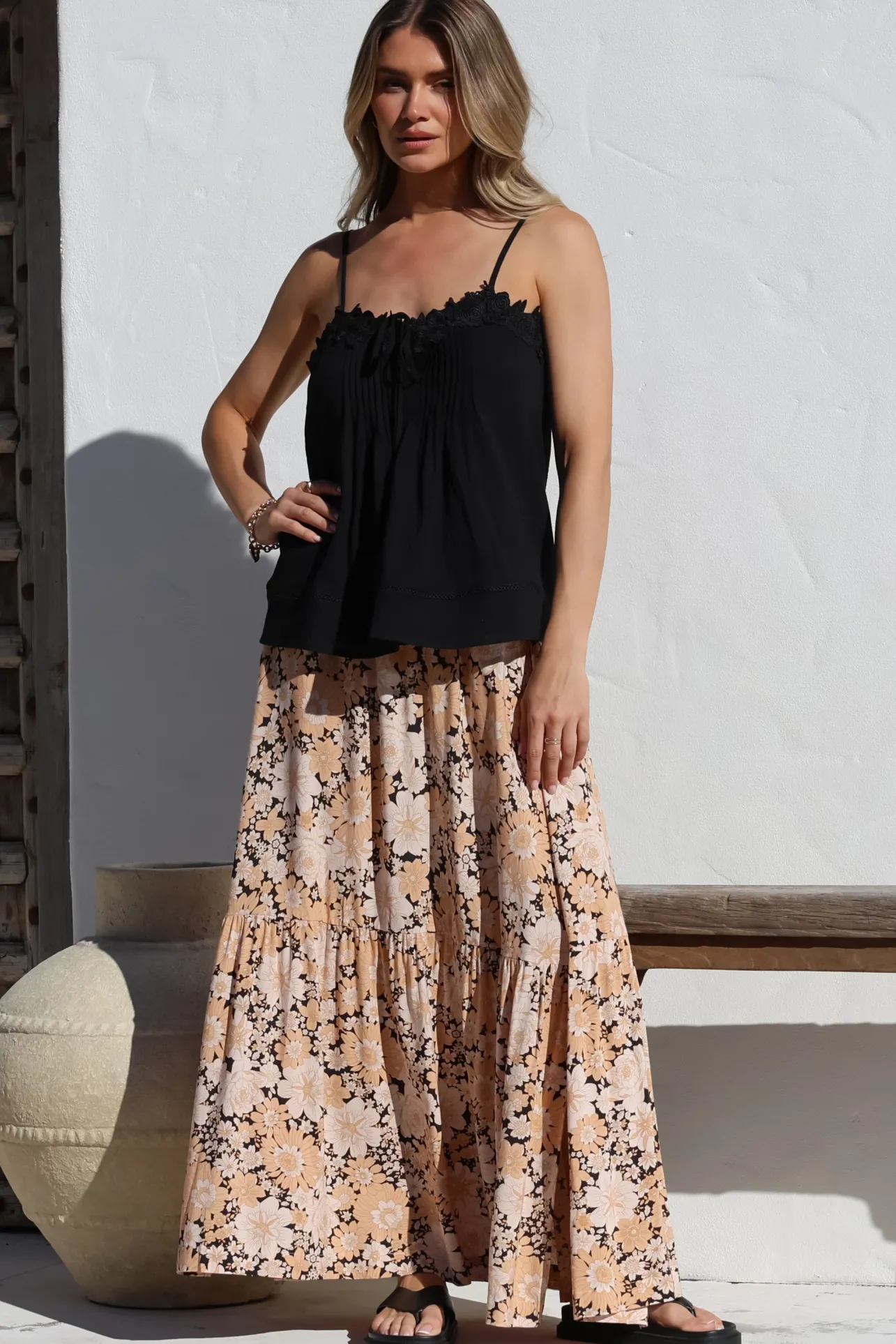 Zia Maxi Skirt - High Waisted Skirt with Tassel Waist Tie and Front Splits in Lyanna Print>Salty Crush Online