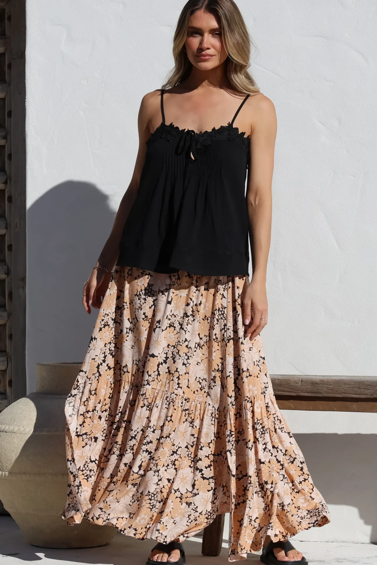 Zia Maxi Skirt - High Waisted Skirt with Tassel Waist Tie and Front Splits in Lyanna Print>Salty Crush Online