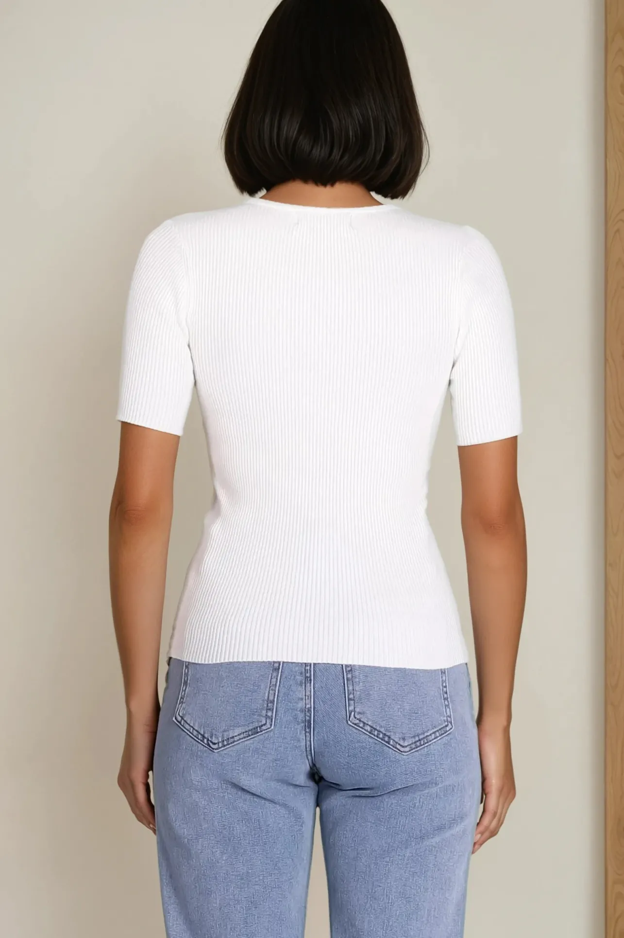 Zian Knit Top - Gold Button Neckline Ribbed Knit Top in White>Salty Crush Outlet