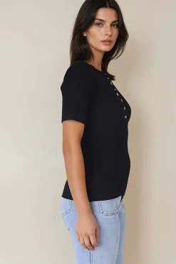 Zian Knit Top - Gold Button Neckline Ribbed Knit Top in Black><noscript><img width=