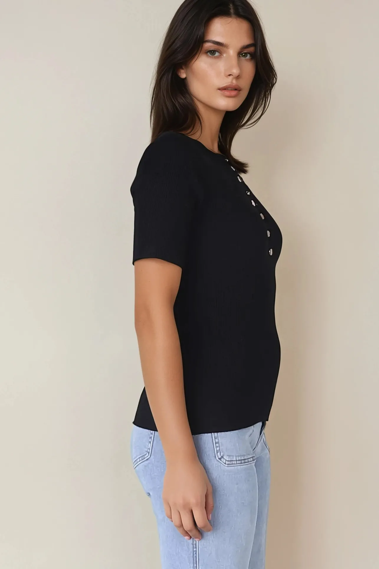 Zian Knit Top - Gold Button Neckline Ribbed Knit Top in Black>Salty Crush Outlet