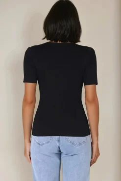 Zian Knit Top - Gold Button Neckline Ribbed Knit Top in Black><noscript><img width=