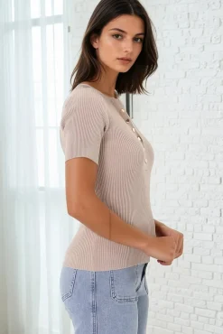 Zian Knit Top - Gold Button Neckline Ribbed Knit Top in Beige><noscript><img width=