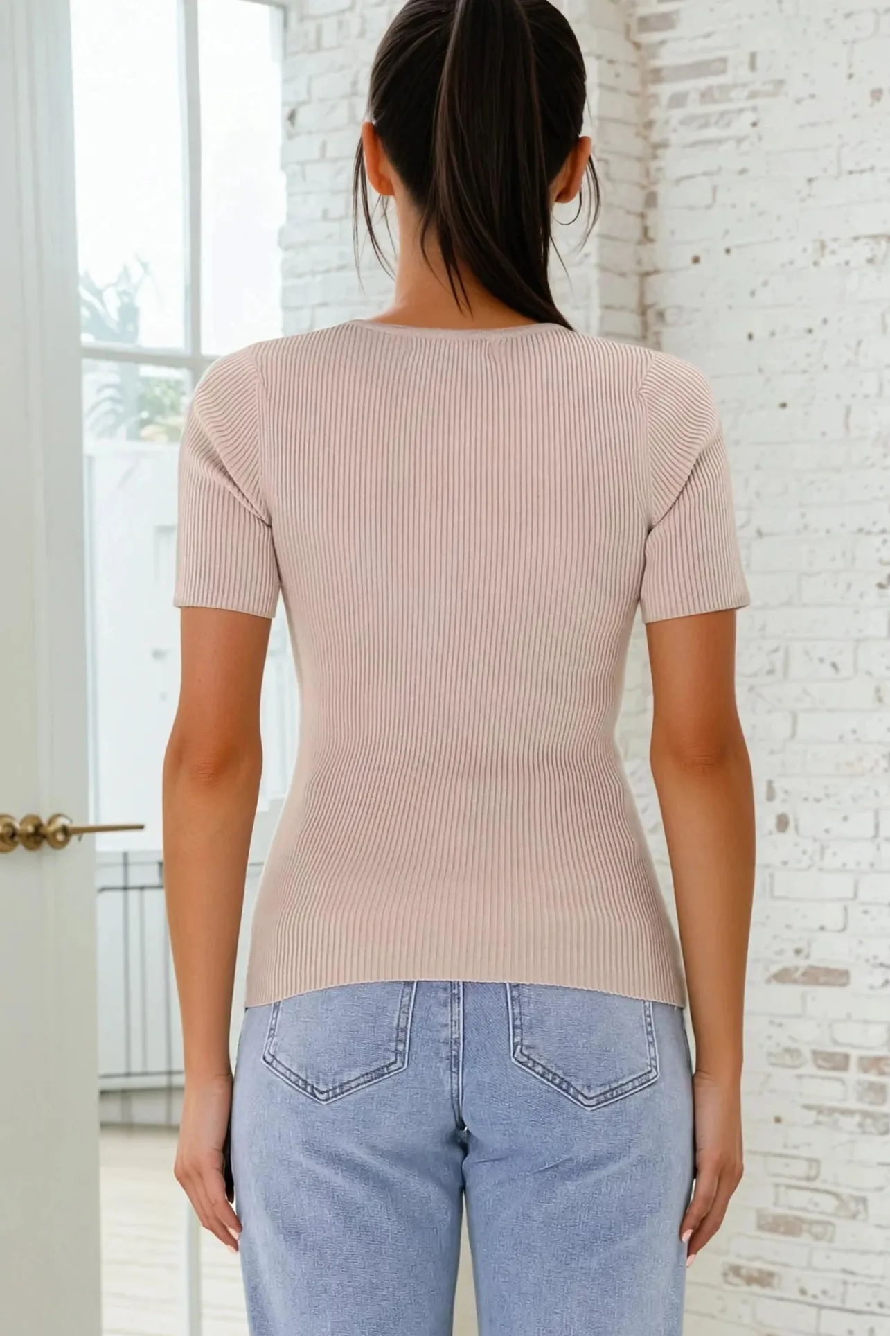 Zian Knit Top - Gold Button Neckline Ribbed Knit Top in Beige>Salty Crush Outlet