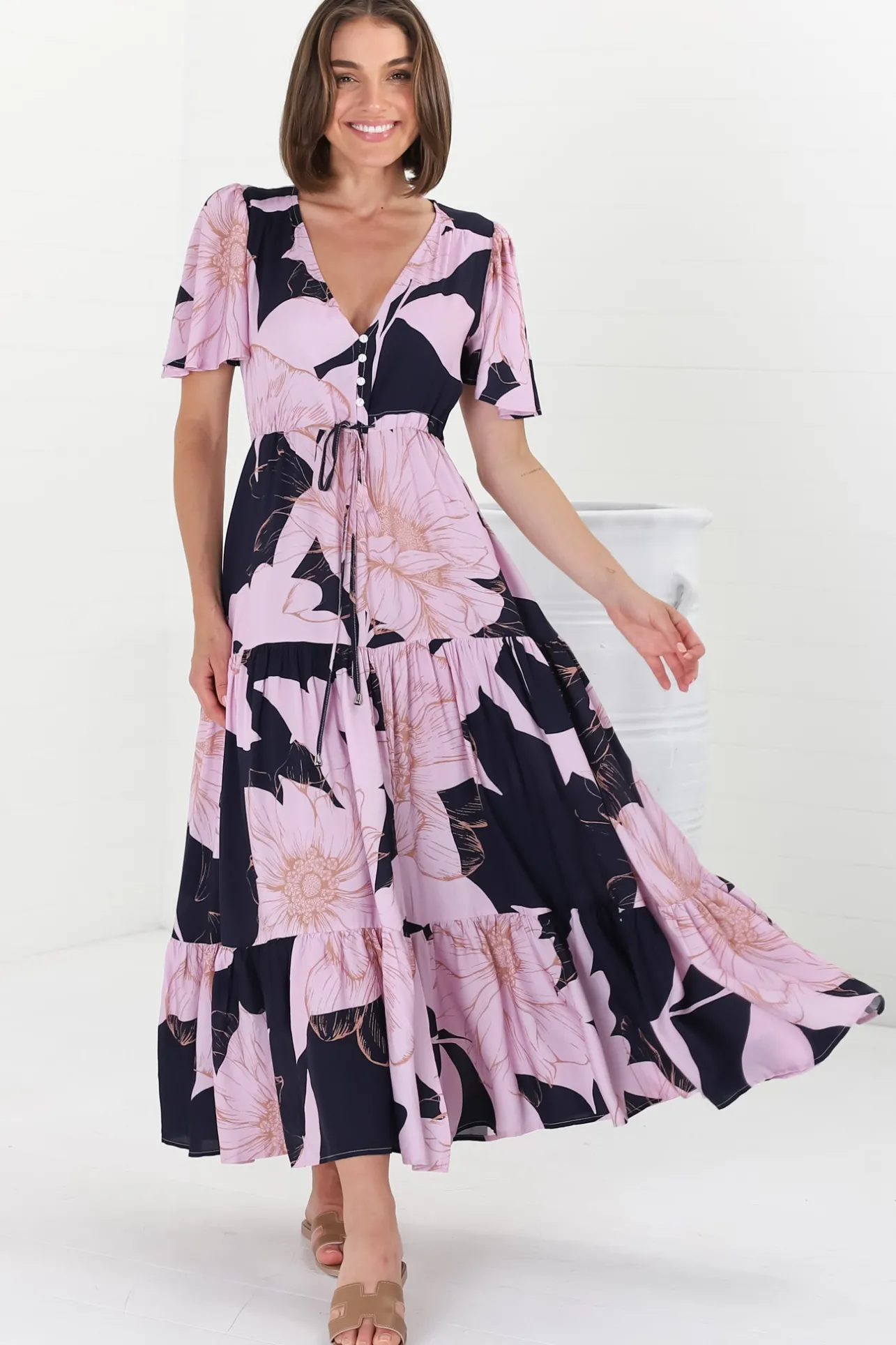 Ziggy Maxi Dress - Cap Sleeve Tiered Dress with Pull Tie Waist in Jaffa Print>Salty Crush Hot