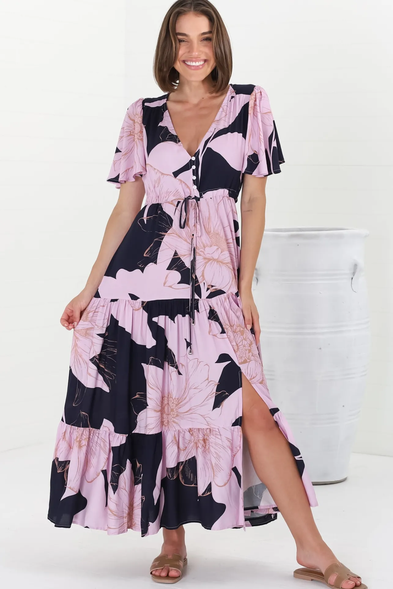 Ziggy Maxi Dress - Cap Sleeve Tiered Dress with Pull Tie Waist in Jaffa Print>Salty Crush Hot
