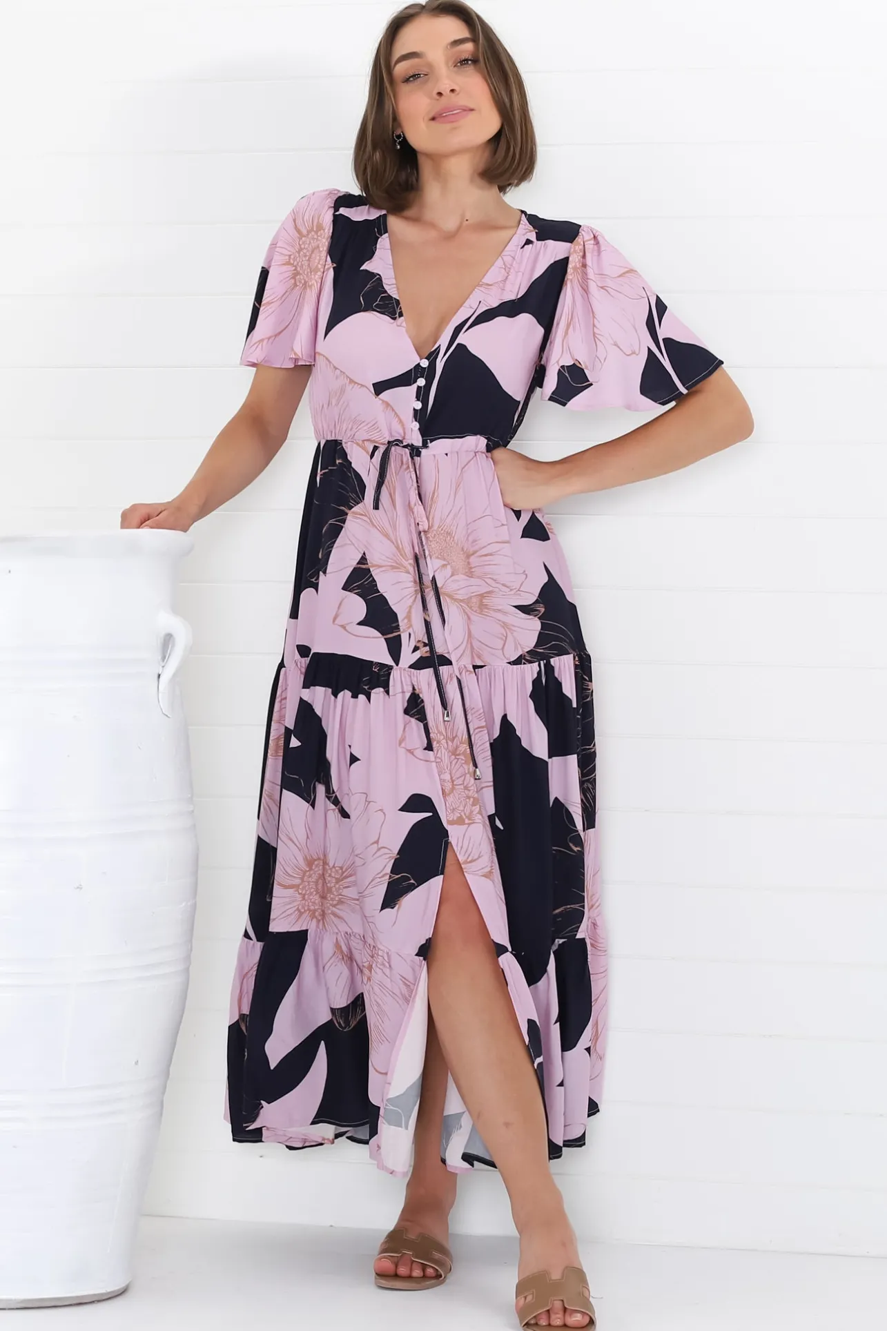 Ziggy Maxi Dress - Cap Sleeve Tiered Dress with Pull Tie Waist in Jaffa Print>Salty Crush Hot