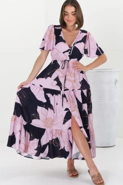 Ziggy Maxi Dress - Cap Sleeve Tiered Dress with Pull Tie Waist in Jaffa Print><noscript><img width=