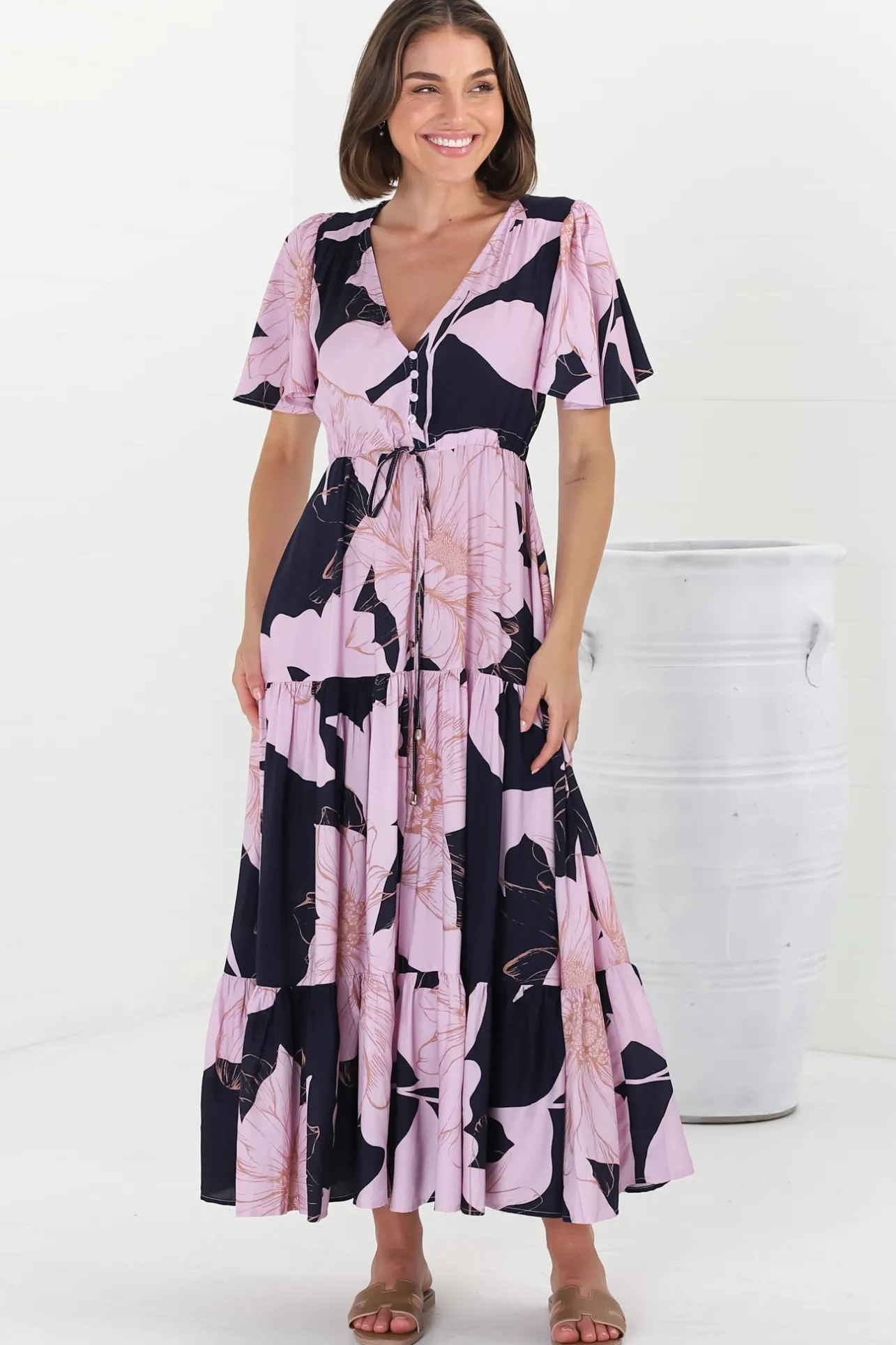 Ziggy Maxi Dress - Cap Sleeve Tiered Dress with Pull Tie Waist in Jaffa Print>Salty Crush Hot