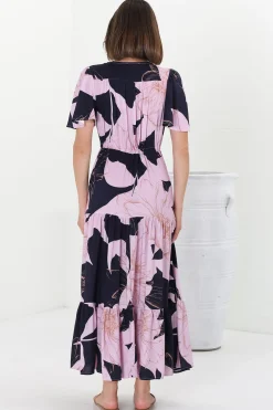 Ziggy Maxi Dress - Cap Sleeve Tiered Dress with Pull Tie Waist in Jaffa Print><noscript><img width=