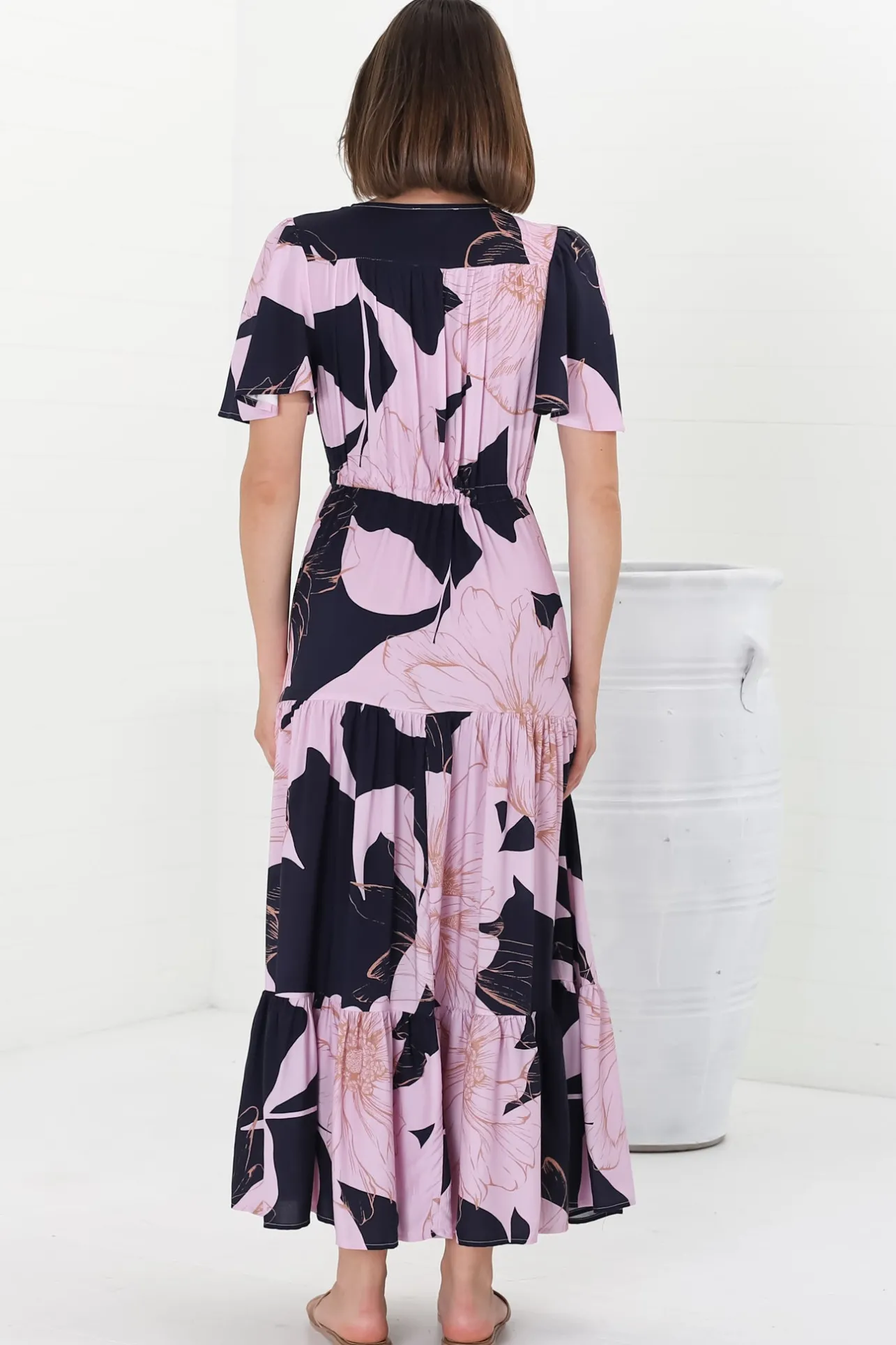 Ziggy Maxi Dress - Cap Sleeve Tiered Dress with Pull Tie Waist in Jaffa Print>Salty Crush Hot