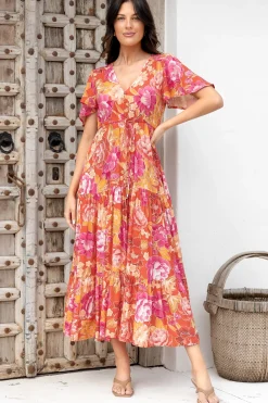 Ziggy Maxi Dress - Cap Sleeve Tiered Dress with Pull Tie Waist in Mirella Print>Salty Crush New