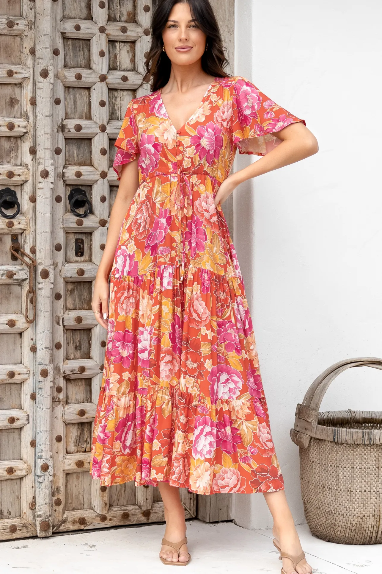 Ziggy Maxi Dress - Cap Sleeve Tiered Dress with Pull Tie Waist in Mirella Print>Salty Crush New