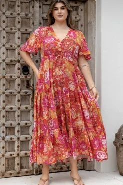 Ziggy Maxi Dress - Cap Sleeve Tiered Dress with Pull Tie Waist in Mirella Print>Salty Crush New