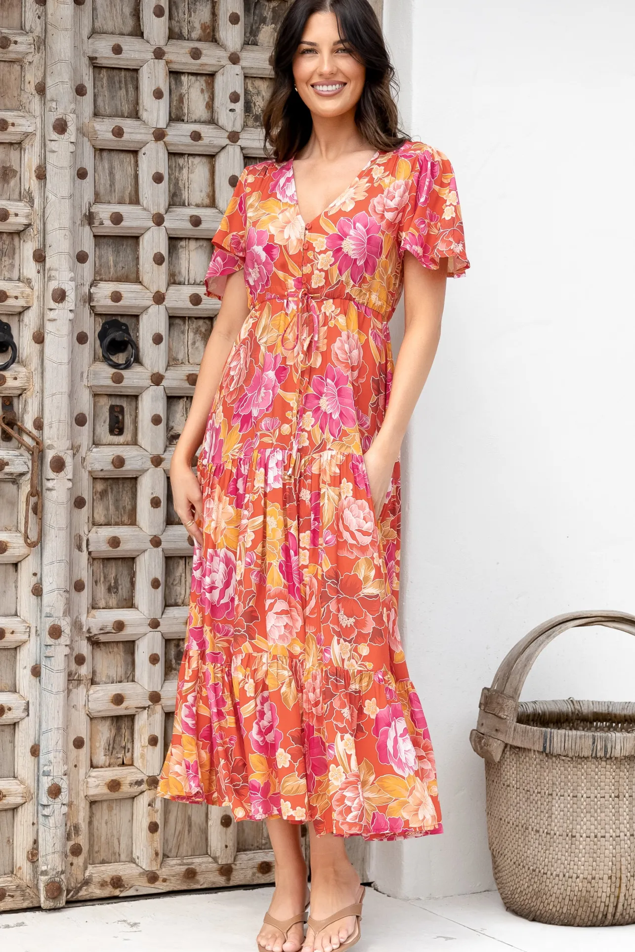 Ziggy Maxi Dress - Cap Sleeve Tiered Dress with Pull Tie Waist in Mirella Print>Salty Crush New