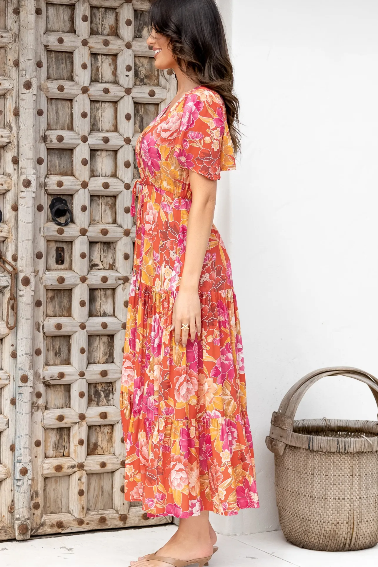 Ziggy Maxi Dress - Cap Sleeve Tiered Dress with Pull Tie Waist in Mirella Print>Salty Crush New