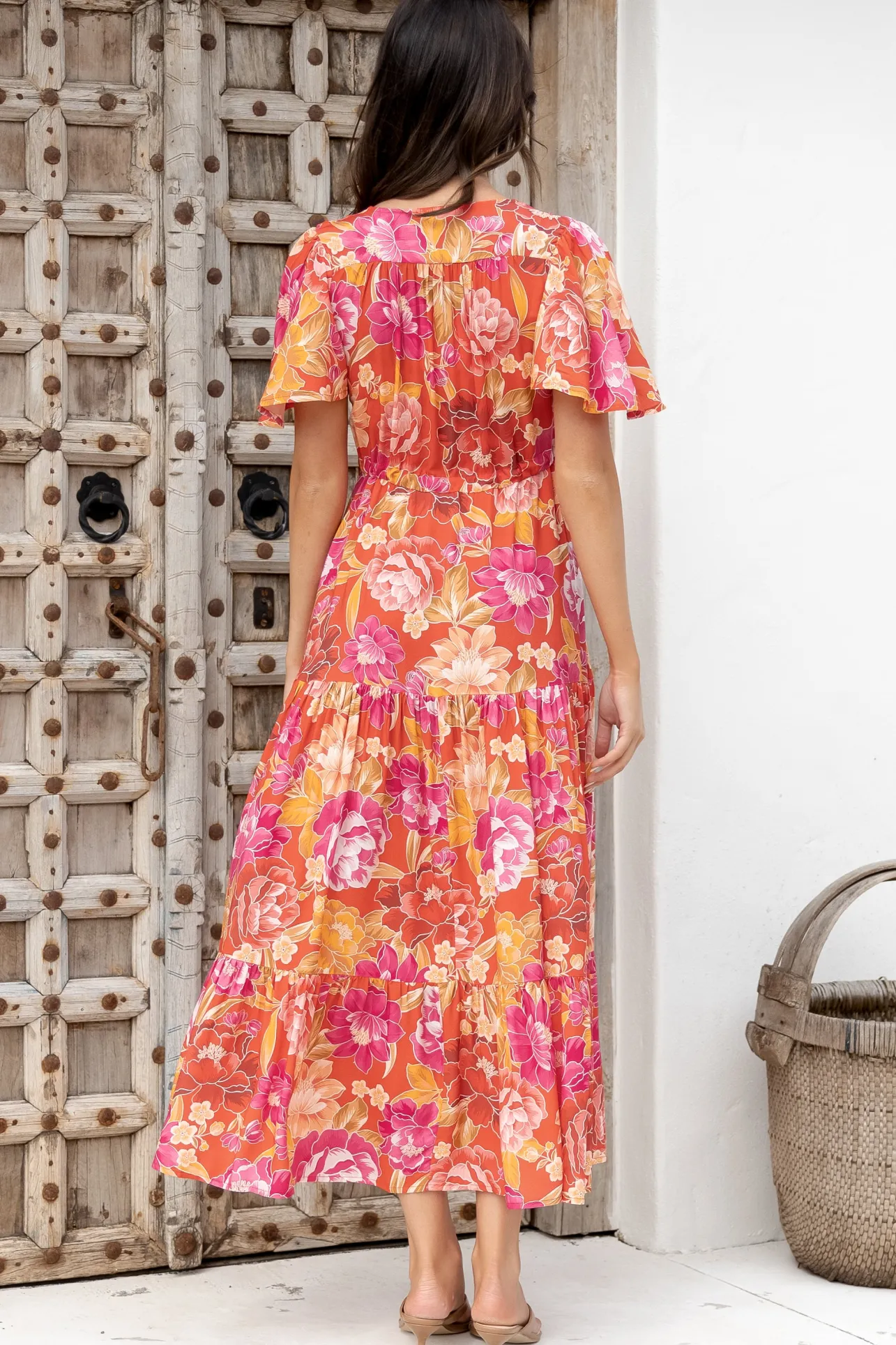 Ziggy Maxi Dress - Cap Sleeve Tiered Dress with Pull Tie Waist in Mirella Print>Salty Crush New