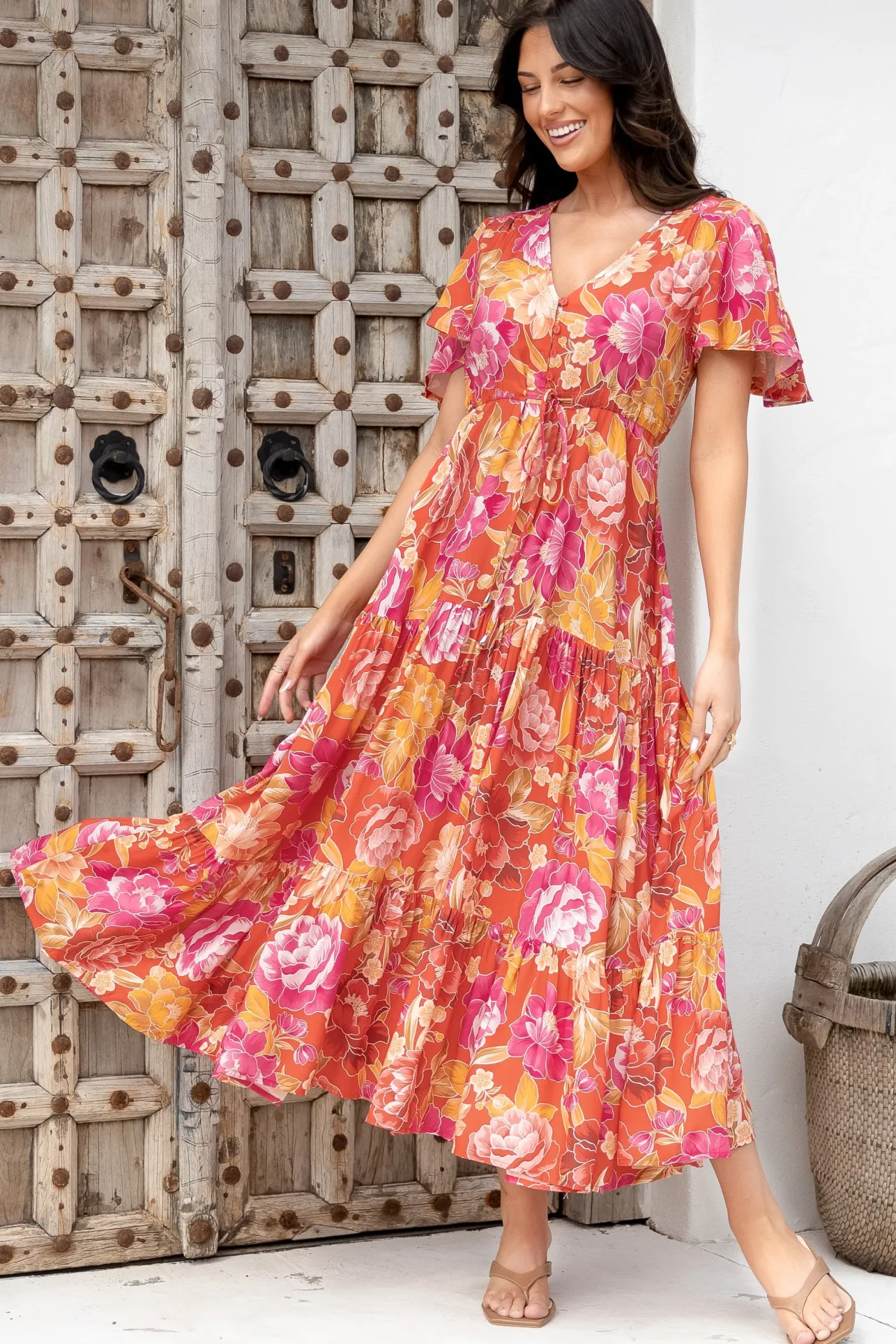 Ziggy Maxi Dress - Cap Sleeve Tiered Dress with Pull Tie Waist in Mirella Print>Salty Crush New