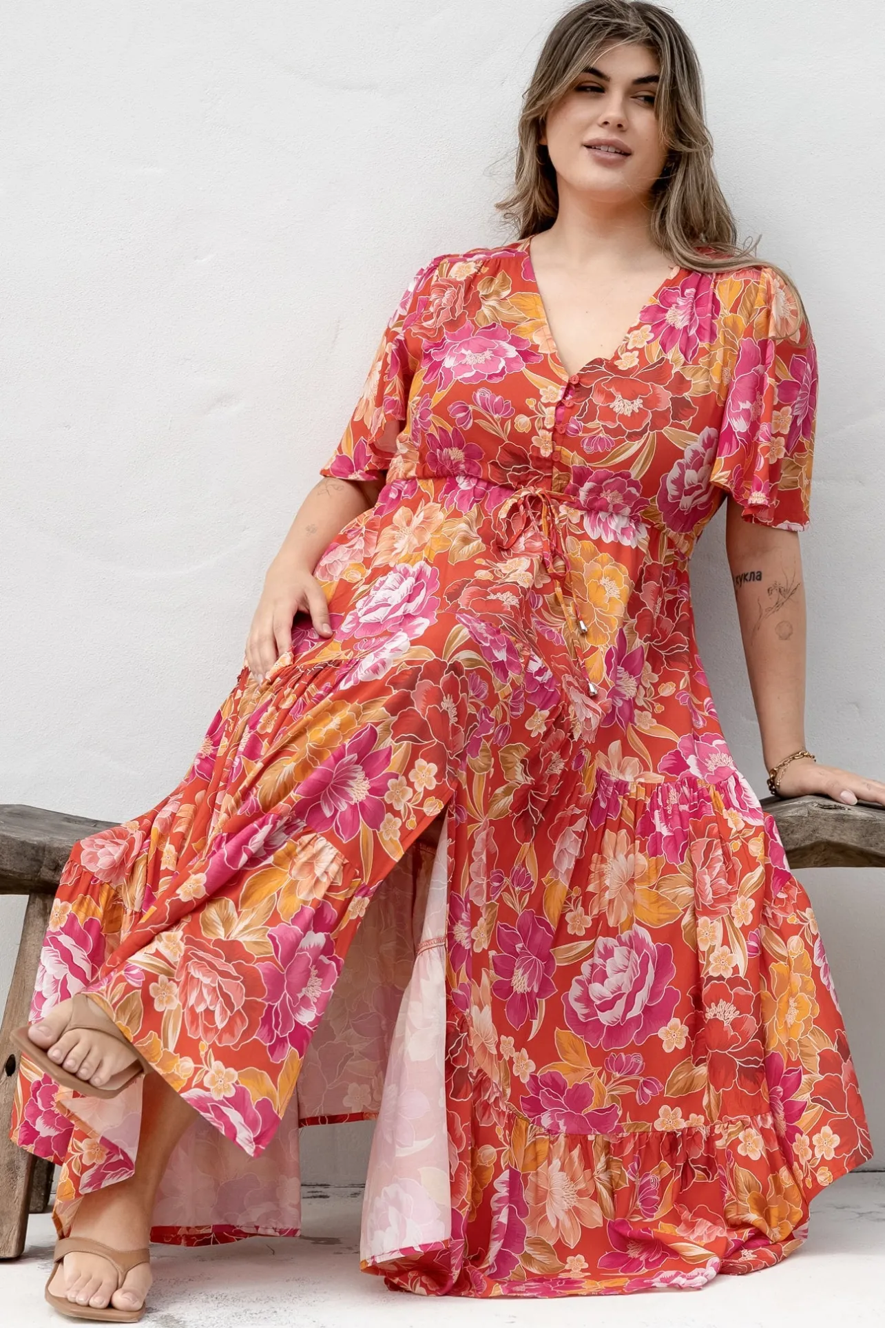 Ziggy Maxi Dress - Cap Sleeve Tiered Dress with Pull Tie Waist in Mirella Print>Salty Crush New