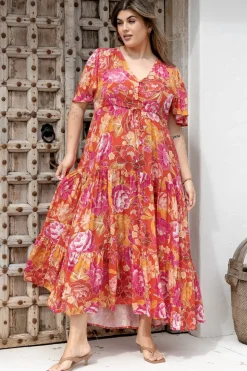 Ziggy Maxi Dress - Cap Sleeve Tiered Dress with Pull Tie Waist in Mirella Print><noscript><img width=