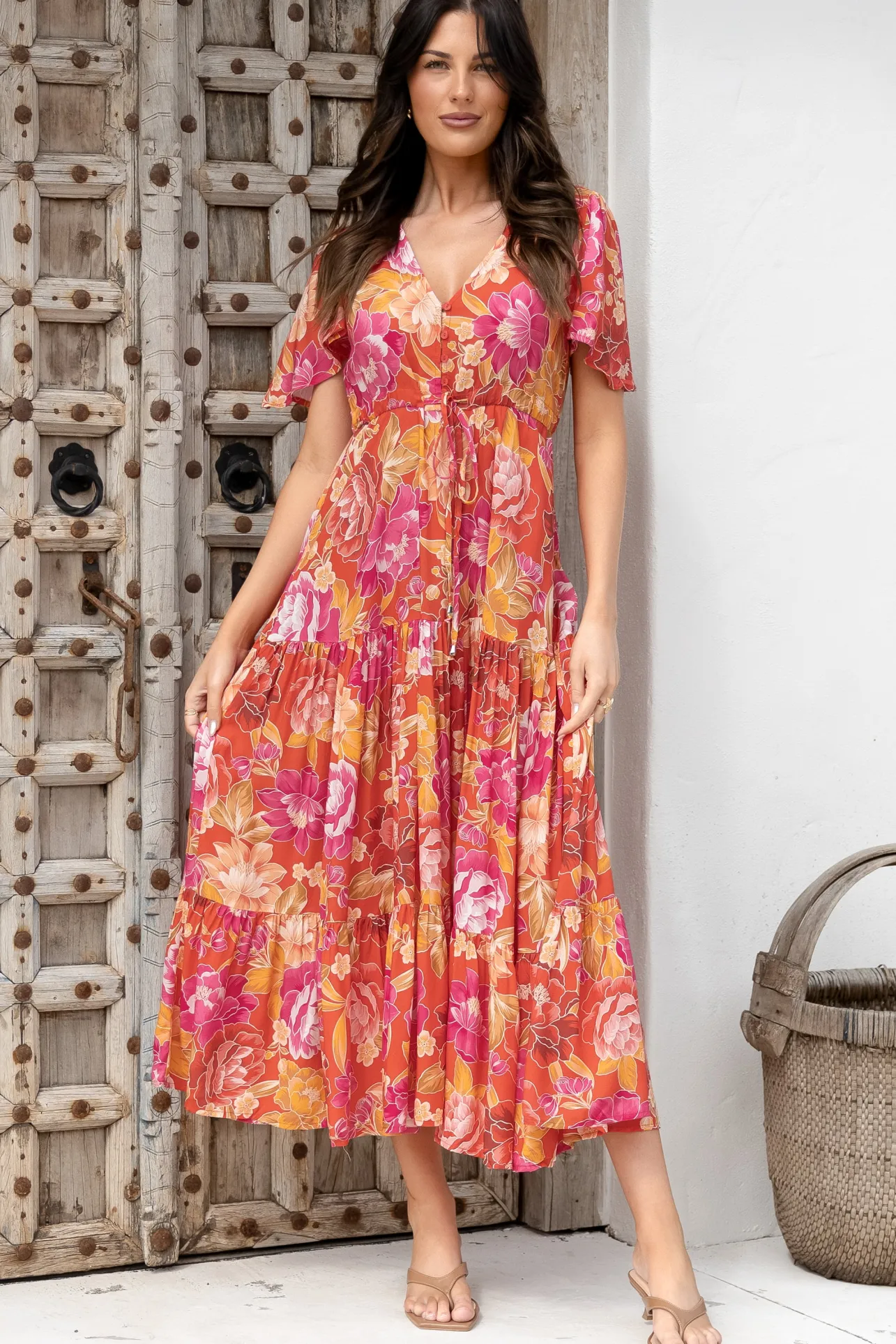 Ziggy Maxi Dress - Cap Sleeve Tiered Dress with Pull Tie Waist in Mirella Print>Salty Crush New