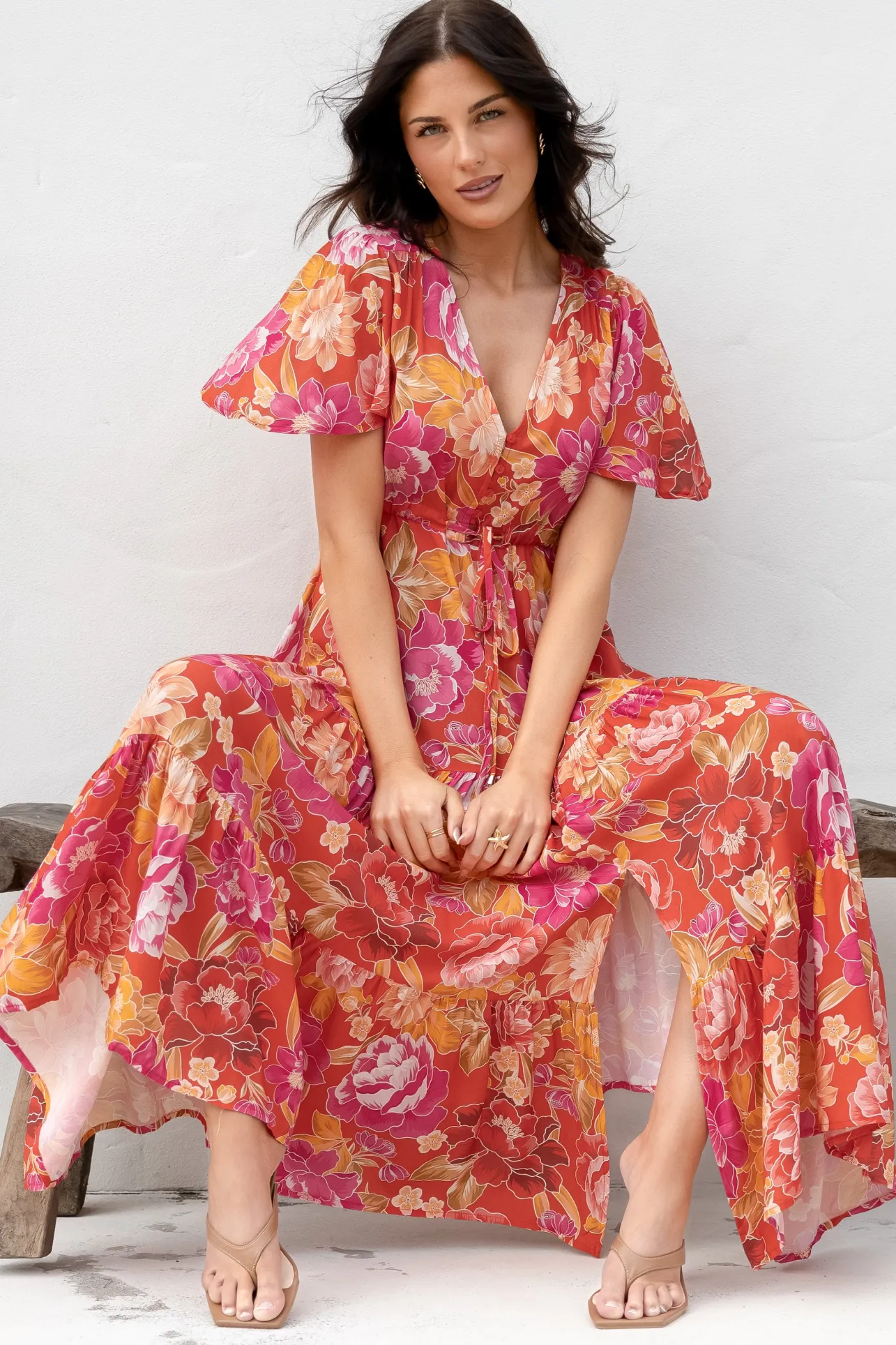 Ziggy Maxi Dress - Cap Sleeve Tiered Dress with Pull Tie Waist in Mirella Print>Salty Crush New