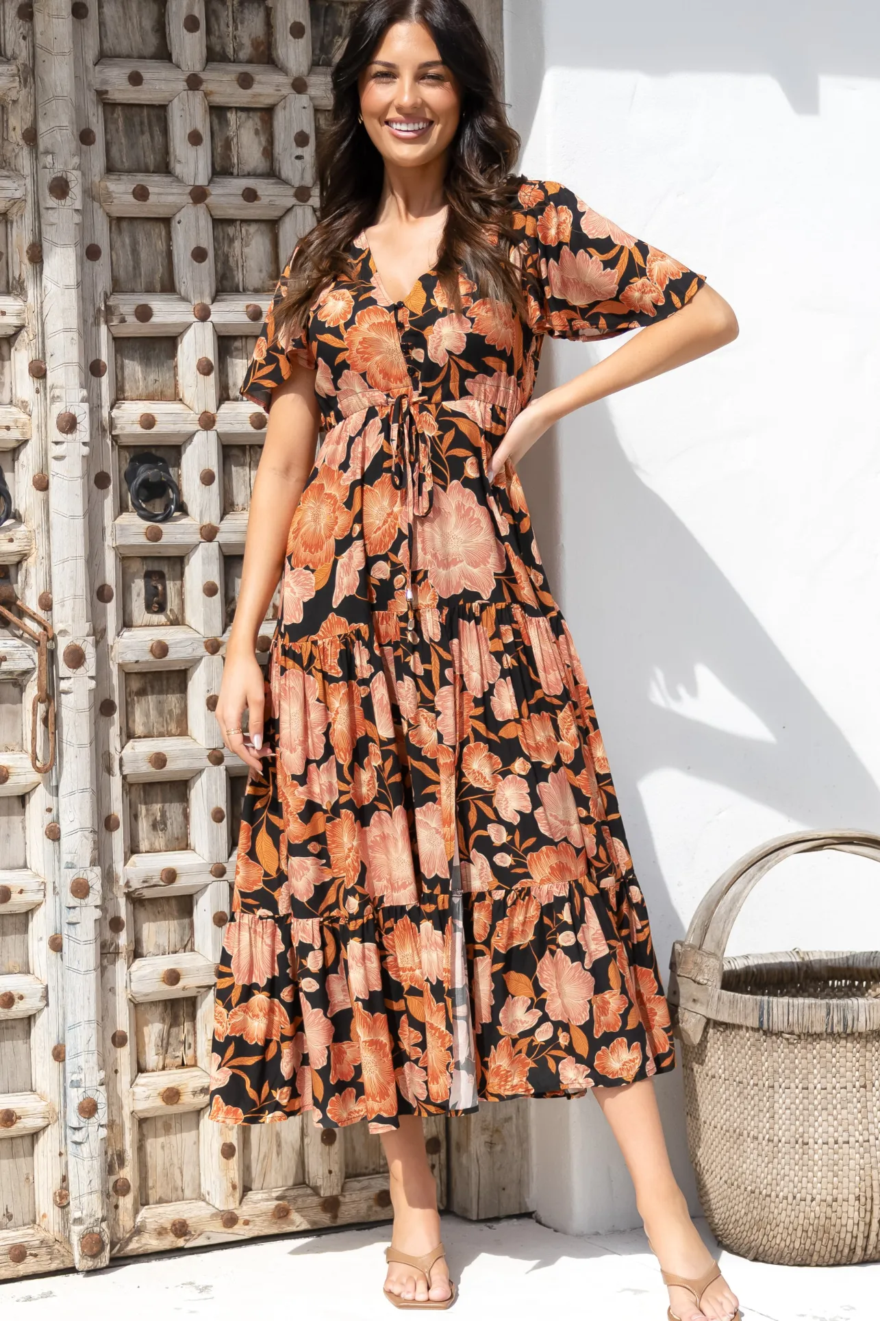 Ziggy Maxi Dress - Cap Sleeve Tiered Dress with Pull Tie Waist in Yasmin Print Black>Salty Crush Best