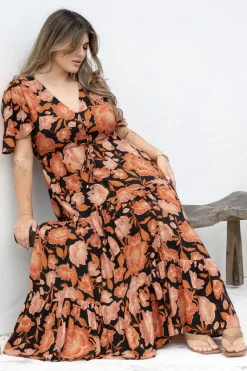 Ziggy Maxi Dress - Cap Sleeve Tiered Dress with Pull Tie Waist in Yasmin Print Black><noscript><img width=