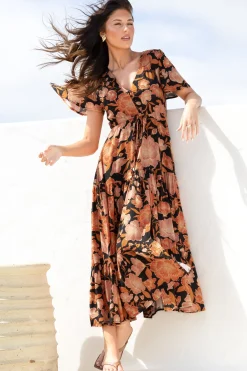 Ziggy Maxi Dress - Cap Sleeve Tiered Dress with Pull Tie Waist in Yasmin Print Black><noscript><img width=