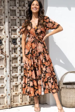 Ziggy Maxi Dress - Cap Sleeve Tiered Dress with Pull Tie Waist in Yasmin Print Black><noscript><img width=